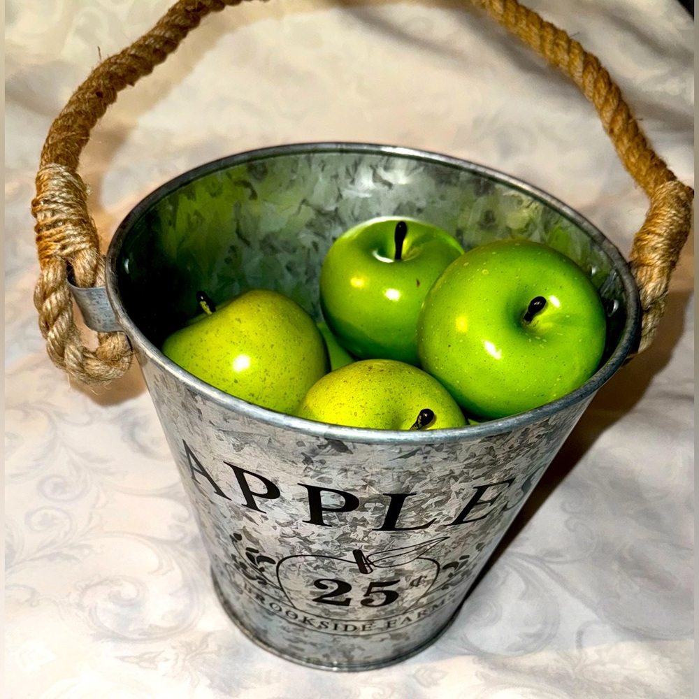 Green Apples (artificial) in a Tin Pail with Rope Handle